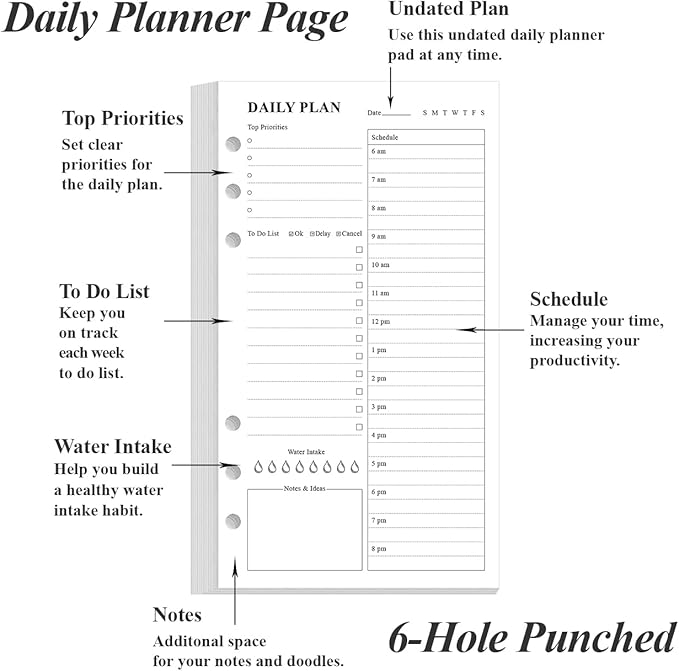 A6 Undated Daily Planner Refill - To Do List for Filofax Personal Binders, 80 Sheets/160 Pages Planner and Lined Refill, 6-Hole Punched, 3.75" x 6.75"