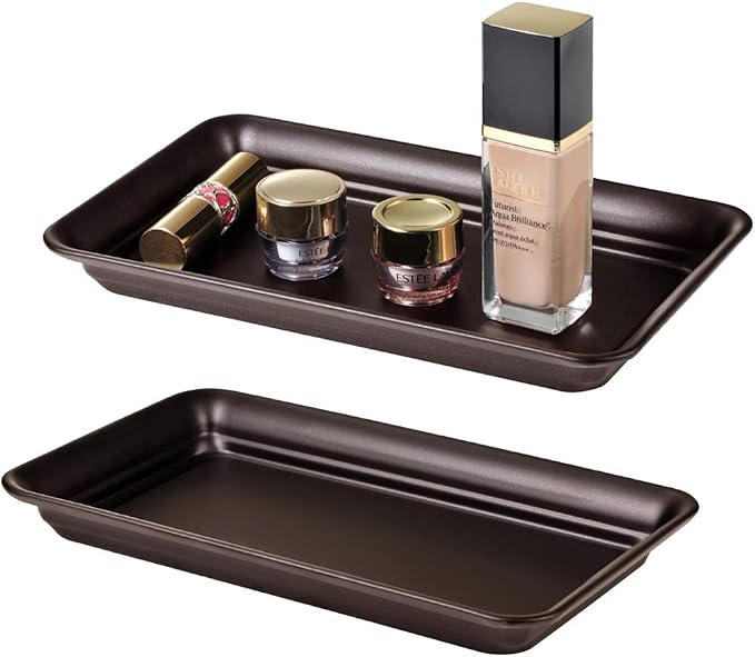 SheeChung Metal Vanity Tray, Bathroom Counter Storage Tray, Bronze 2 Pack | Sturdy Decorative Tray Holder, Farmhouse Vintage Decor Accessories for Perfume, Cosmetics, Jewelry, Makeup, Guest Hand Towel