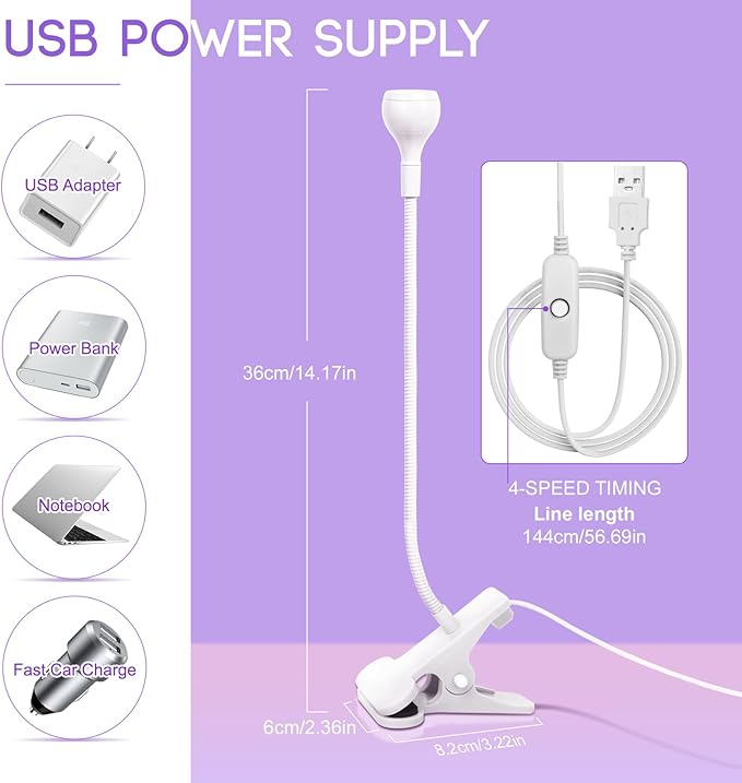UV Nail Lamp, White, Metal, 3W LED, Dual Wavelength, Dimmable, USB Powered, Flexible, Compact, Easy to Use