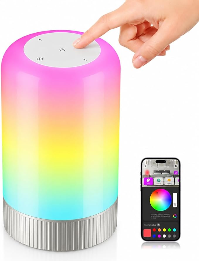 RGBICWW Smart Table Lamp, Touch Bedside Lamp with App Control, LED Desk Lamp with Music Sync, 30+ Scenes & 16M Colors, Color Changing Lamp for Bedroom Living Room Gaming Dimmable Night Light, Silver
