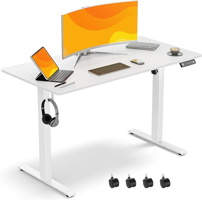 48x24 in Electric Standing Desk,Adjustable Height with Wheels,White | Spliced Desktop,27.9"–46.8" Height Range,4 Memory Presets,Lockable Wheels,Headphone Hook,Sit Stand Desk,Home Office