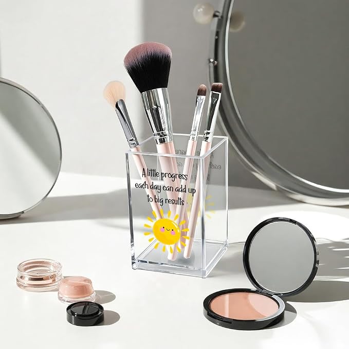 A Little Progress Each Day Can Add Up To Big Results Acrylic Cosmetic Pencil Pen Holder Cup, Inspirational Sun Desk Organizer for Classroom Office, Motivational Gifts for Women Girl Therapist