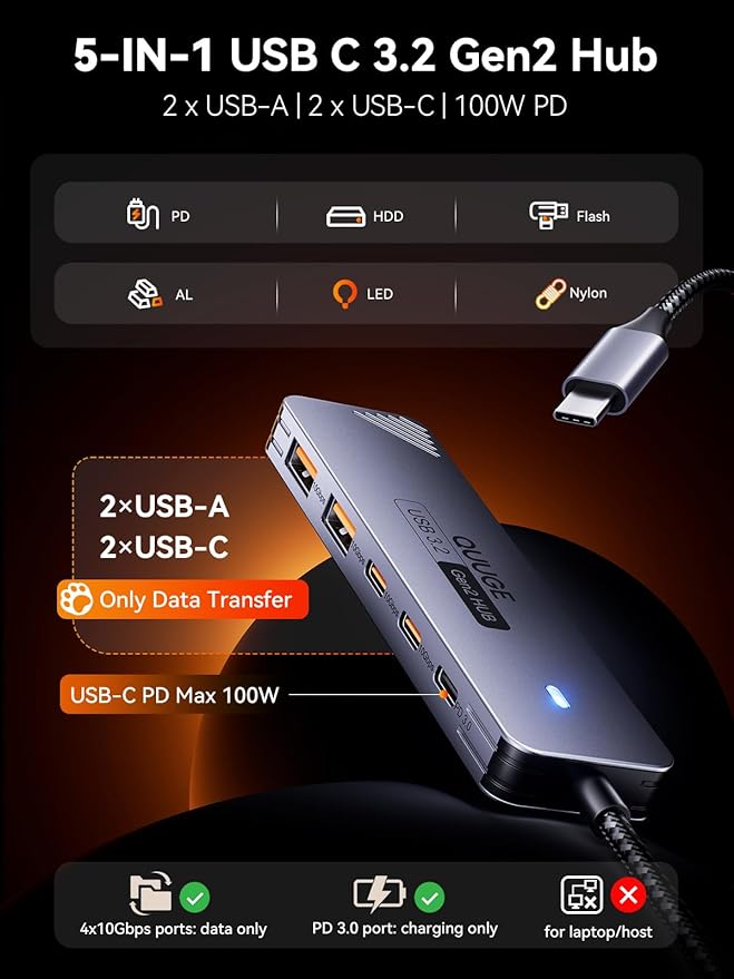 USB C Hub 10Gbps, QUUGE 5-in-1 USB Splitter with 2 USB-A & 2 USB-C 3.2 and PD 100W, Fast Transfer Aluminum Type-C Multiport Adapter with 100cm Nylon Cable for MacBook Air/Pro, iPad, Surface Pro, XPS