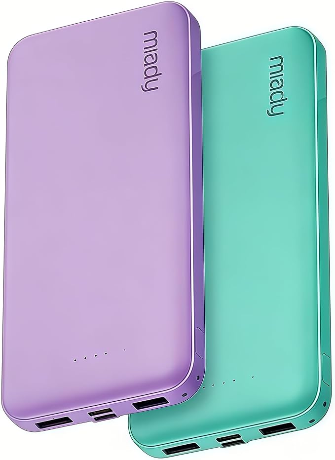 Miady 2-Pack Portable Charger, Slim 10000mAh Power Bank Travel Battery Pack | Dual USB丨3 Outputs 2 Inputs丨for Backpack Travel Camping丨Slim丨Compatible with iPhone Android etc丨Flight-Safe丨37Wh丨Green+Purple