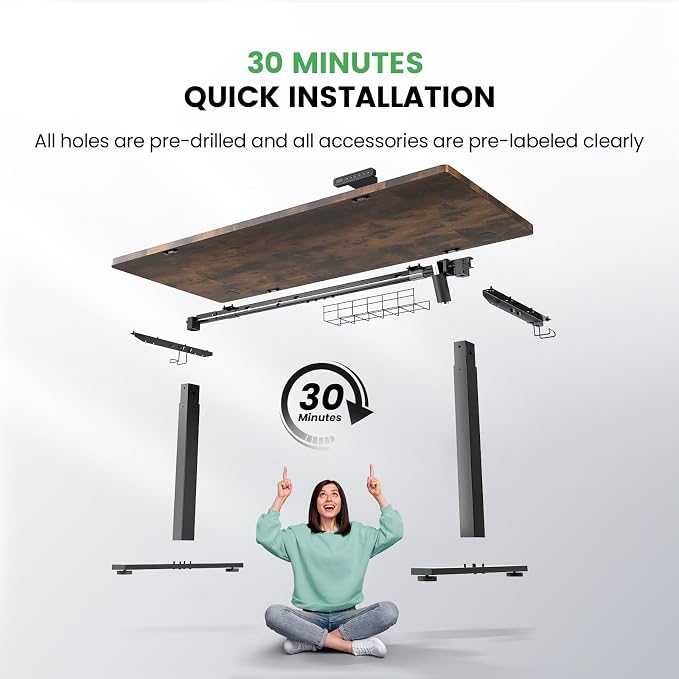 SIAGO Rustic Brown 47x24 in Electric Standing Desk, 0.8 Inch Thick Tabletop | Holds 200lbs, Sit Stand, 3 Memory Height Adjustment, Extra Deep Table Top, Black Frame