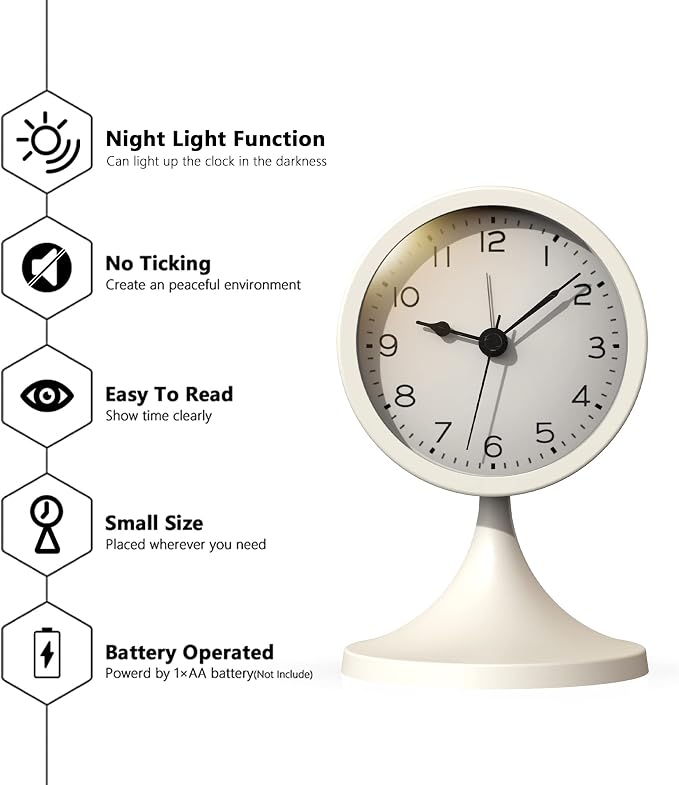 AYRELY® 3" Analog Alarm Clock, Retro Small Clock, Desk Clock for Bathroom | Cute Battery Operated Table Clock with Silent Movement and Light for Bedroom, Bedside, Living Room Decor and Shelf (White)
