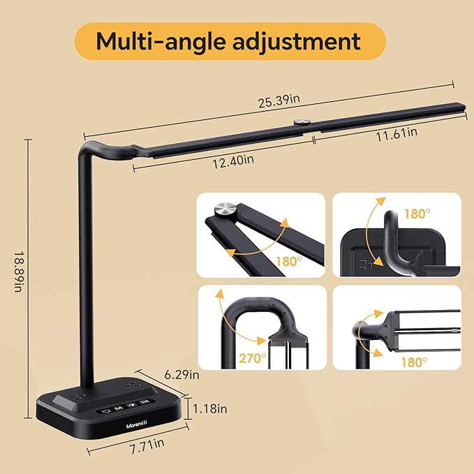 Adjustable LED Desk Lamp for Home Office | Integrated Power Hub with 2 Wide-Spaced AC Outlets, USB-C & USB-A Charging Ports | Anti-Glare Light, Foldable Design & Surge Protection