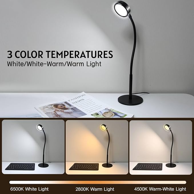 6W LED Desk Lamp with Gooseneck and US Adapter, CRI 90 | Metal Dimmable Reading Light, 3 Colors and 10 Brightness Levels, for Office Study