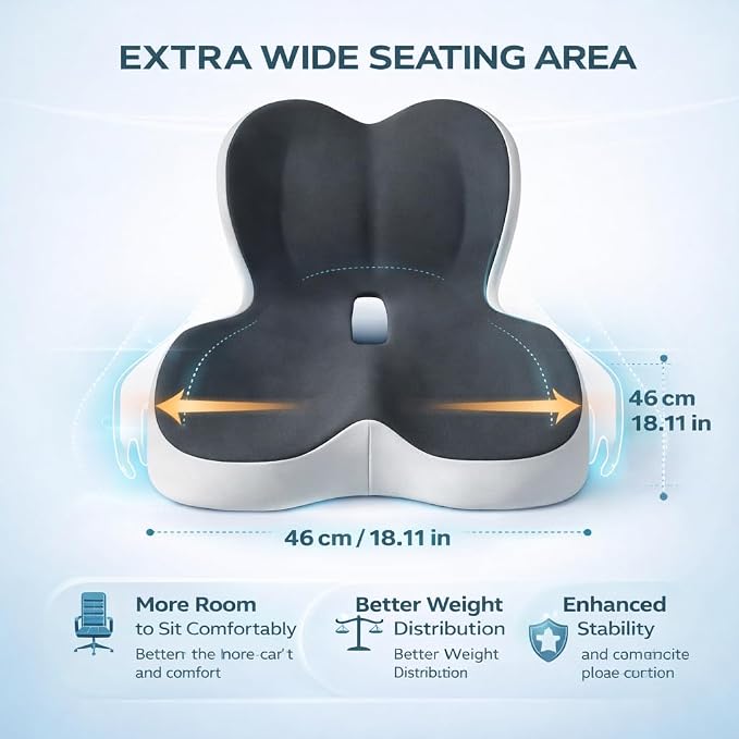 MOYEE Wide Memory Foam Seat Cushion with Lumbar Support for Office Chair & Car Seat, Ergonomic Design for Long Sitting, Gradual Relief & Lasting Support for Back, Tailbone & Sciatica Pain