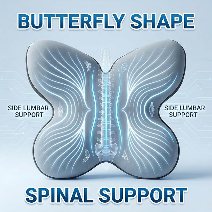 Butterfly Lumbar Support Pillow for Car and Chair, Gray | Memory foam back cushion with butterfly support, washable cover and dual adjustable straps for chairs and car seats