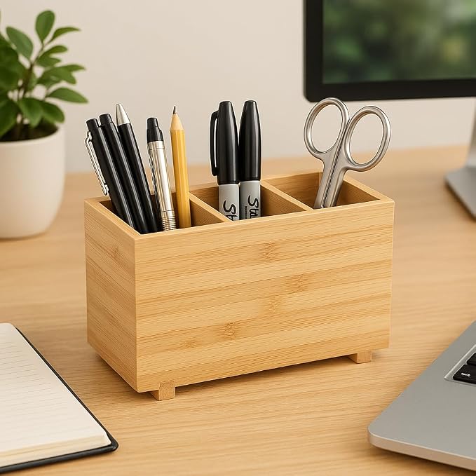 SKYREN Bamboo Desk Organizer – 7" x 3.5" x 4.2" Zen-Style Desktop Organizer for Office, Home & Study – Natural Wood Finish, Eco-Conscious Workspace Storage Solution