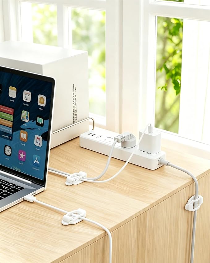 OneLeaf 10-Pack Adjustable Elastic Cable Clips, Cable Management, White | Self-Adhesive, Cord Organizer, For Office, Home, Car, Under Desk, Behind TV, Nightstand, For Charger, HDMI, PC, Decoration