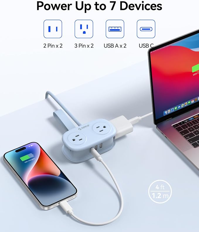 Cruise Approved Travel Power Strip with USB C, ORICO 4 Outlets 3 USB Ports (1 USB C) with 4FT Wrapped Short Extension Cord Small Power Strip, Non Surge Protector for Travel, Cruise Ship ETL Listed-AP3