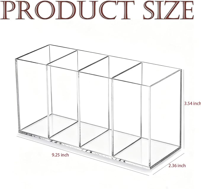 4 Compartment Acrylic Pen Holder, Large Capacity Clear Makeup Brush Organizer for Desk, Multi-Section Pencil Caddy for Office Supplies, Cosmetics, and Art Markers, Heavy-Duty Storage Container