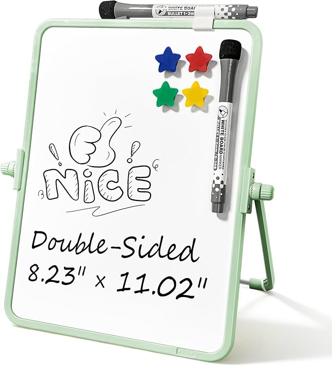 Colorful Dry Erase White Board 8.3x11in, Magnetic Desktop Board with Stand, 2 Markers (Eraser Head), 4 Magnets - Double-Sided Easel for Daily Planning, Memo, Office/Home/School (Green)