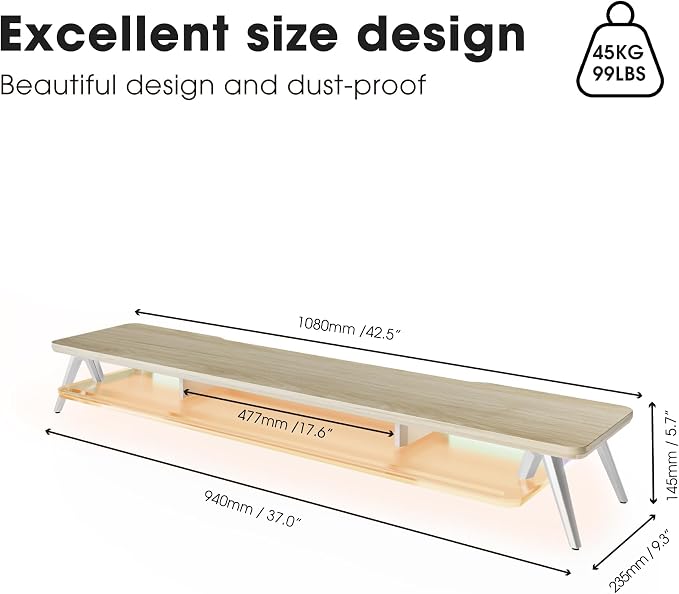 Fenge Dual Monitor Stand with 8-Mode LED Lights and Frosted Shelf, Oak | Sturdy Aluminum Legs, Built-In Phone & Tablet Slot, 2-Tier Storage, 42.5-Inch Desk Shelf for Gaming, Home Office & Streaming