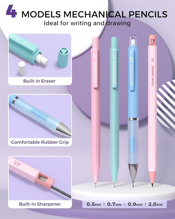 Four Candies 36PCS Aesthetic School Supplies, Mechanical Pencils 0.5mm, 0.7mm, 0.9mm & 2.0mm with 624PCS Lead Refills, Cute Mechanical Pencil Set for Writing, Drawing & Drafting (Pink)