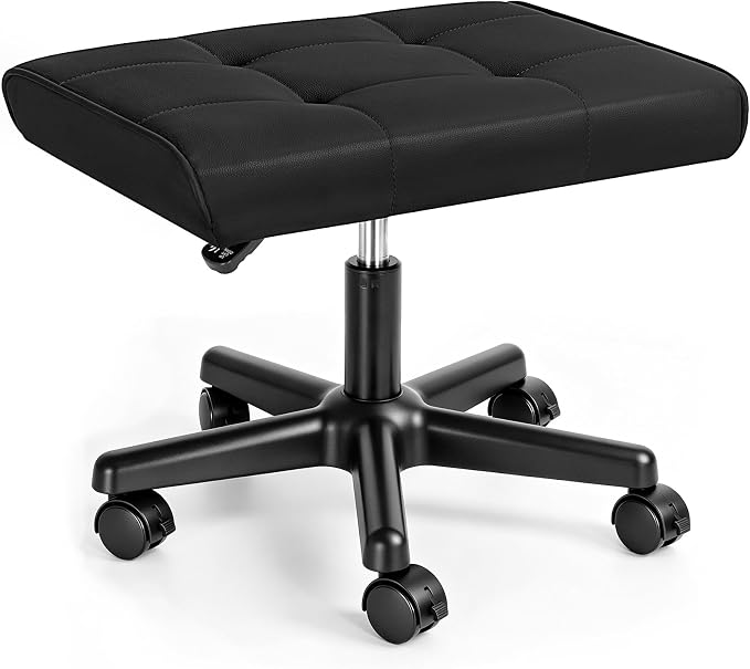 Footrest Under Desk Leg Rest Ottoman Adjustable Height Foot Stool with Wheels Leather Footrest for Home Office, Large (Black)