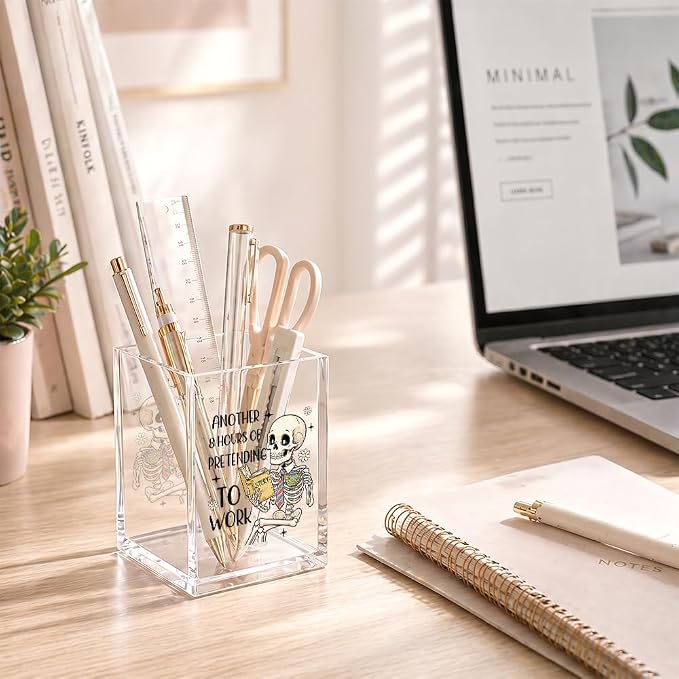 Funny Another 8 Hour Of Pretending To Work Acrylic Pencil Holder Cup | Skeleton Pen Holder for Women Men Coworkers, Home Office Desk Accessories, Sarcastic Humor Gifts for Friends Boss Teacher