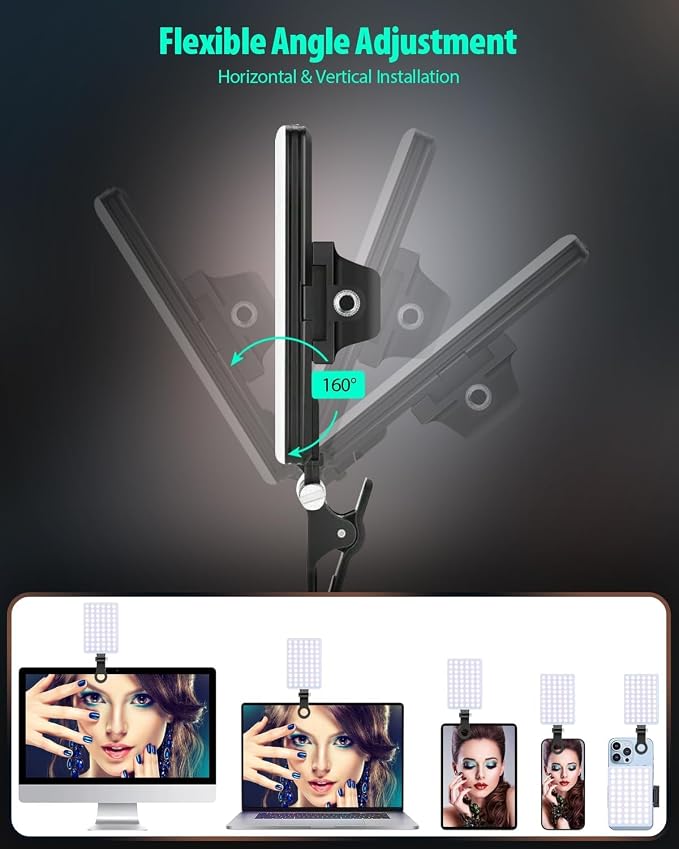60 LED Portable Selfie Light Video Conference Lighting with Clip & Camera Tripod Adapter Rechargeable 2000mAh CRI 97+, 3 Light Modes for Phone iPhone Webcam Laptop Photo Makeup (Black)
