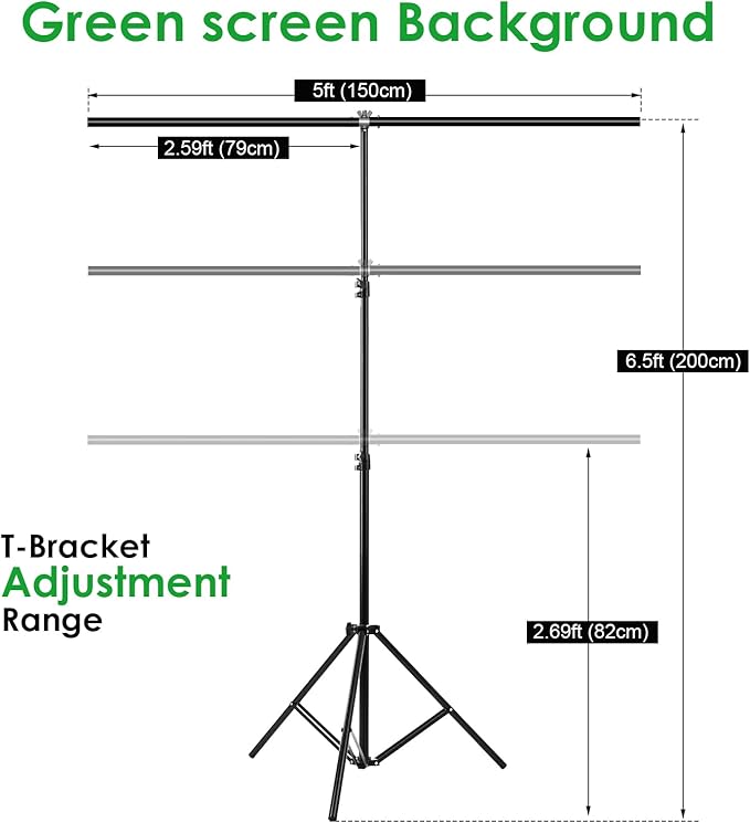 Green Screen Backdrop Kit, Portable Greenscreen Background with T-Shaped Stand, 5 Clamps & Carrying Bag for Photography, Streaming, Zoom, Gaming, (Green, 6.5 Feet X 5.0 Feet)