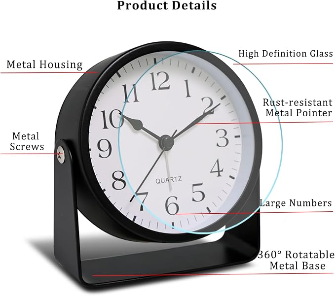 Analog Alarm Clock - 4.5" Silent Non Ticking Small Clock with Light, Rotatable Stand Metal Desk Clock Battery Operated, Simple Design for Living Room Decor/ Bedroom/Bedside/Shelf (White-Arabic)