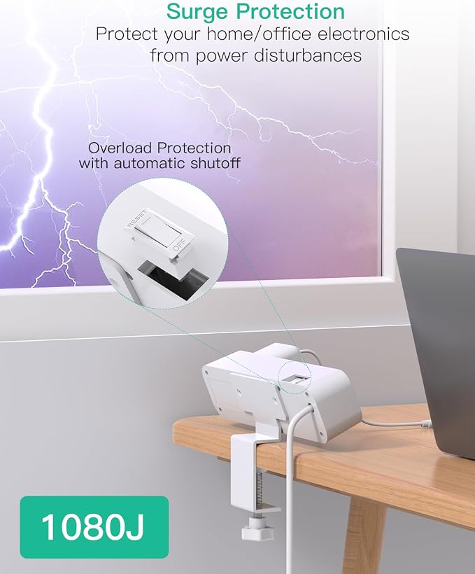 Mifaso PD65W Desk Clamp Power Strip, 1080J Surge Protector, 2 USB C | 4 Outlets, 5FT Extension Cord, Fast Charging Station, Desk Organizer Gaming Accessories Office Essentials, Fit 1.96" Edge