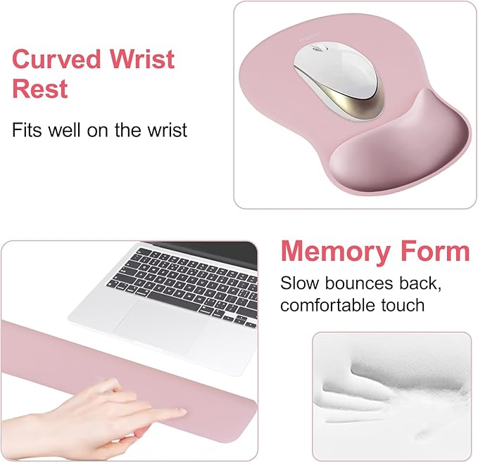 MOSISO Wrist Rest Support for Mouse Pad&Keyboard Set, Ergonomic Mousepad&Coaster, Non-Slip Base Home/Office Rectangular Easy Typing Cushion Pad with Soft Cloth&Curved Concave Memory Foam, Pink