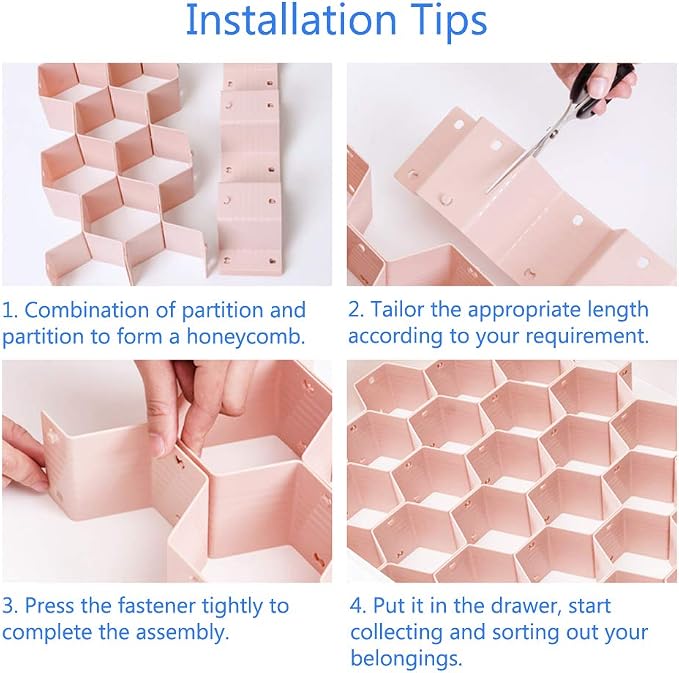 Drawer Divider Organizer Adjustable DIY Grid Honeycomb Drawer Divider for Underwear Belt Scarf Socks Pink 2 Pack