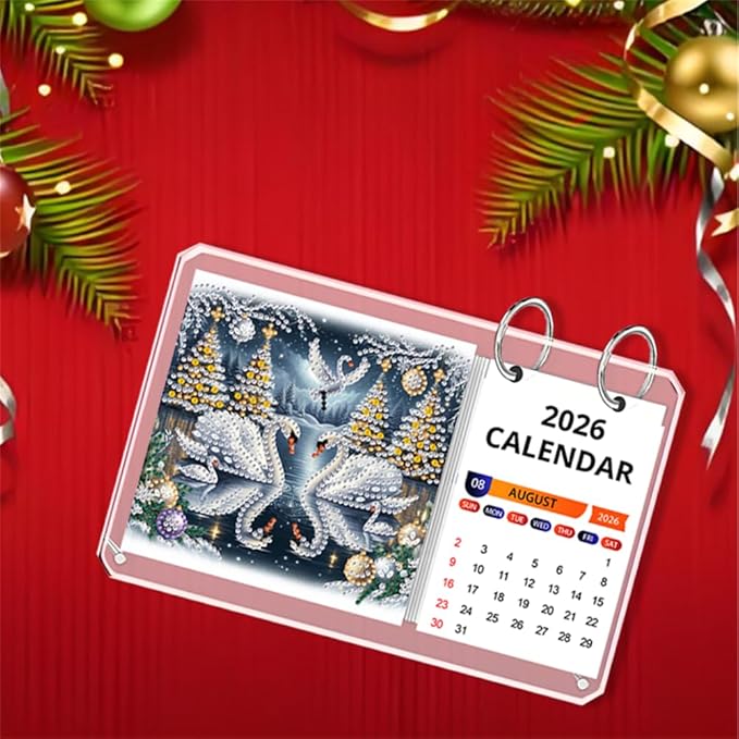 2026 Standing Desk Calendar DIY Diamond Art Painting Monthly Flip Desktop Calendar Mosaic Kits Acrylic Tabletop Calendars Diamond Art Craft Supplies Planner for Office Home Decor-Swan