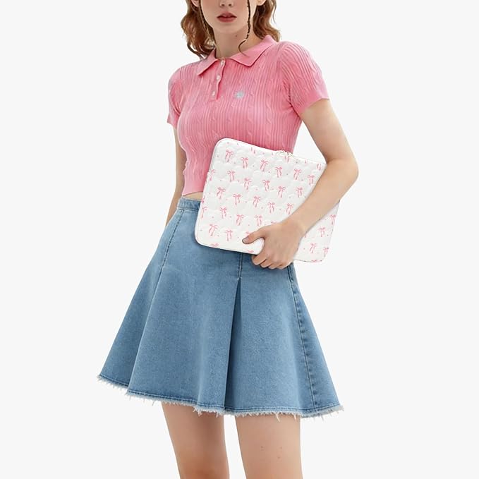 Cute Bow Puffy Laptop Sleeve 13-15 Inch Cute Quilted Laptop Protective Case Padded Bow Computer Sleeve for MacBook