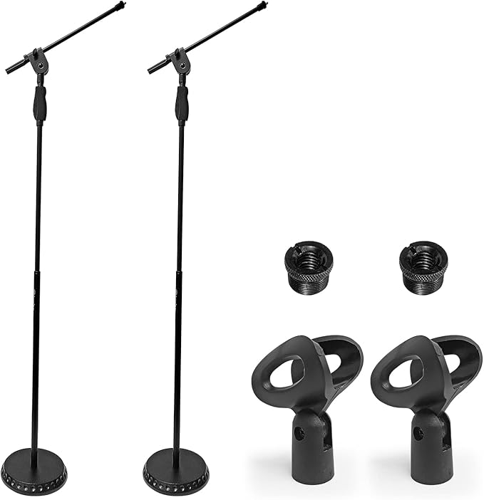 AxcessAbles Weighted Mic Stand Floor with Heavy Round Base, Quick Grip Height Adjustment - 74" Microphone Stand Include 33" Detachable Mic Boom Arm. Tall Microphone Stand for Singing (MS-201RB) 2-Pack