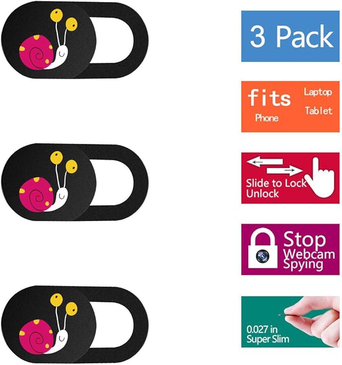 SIREG Webcam Cover Slide 0.027in Ultra Thin Web Camera Cover for Laptops Smartphone PC Tablets for Protecting Your Privacy Security (Snails-Black & 3 Pack)