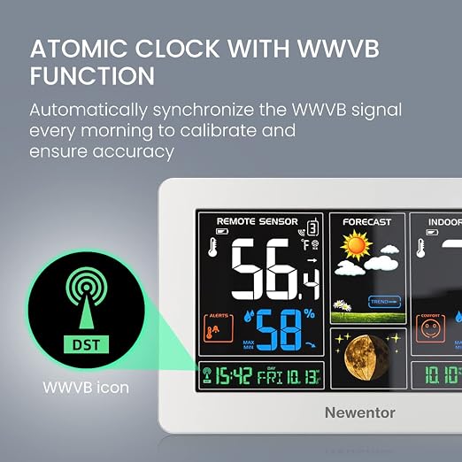 Newentor Weather Station Wireless Indoor Outdoor Thermometer, White,1Sensor | Color Display Digital Weather Thermometer with Atomic Clock, Barometric Pressure, Forecast Station with Adjustable Backlight