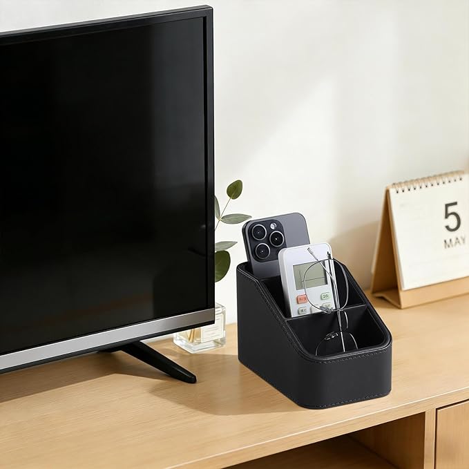 PU Leather Remote Control Holder, Small Desk Organizer Office Supply Bedside Caddy for Nightstand End Table Couch, Pen Remote Organizer with 3 Compartments (Black)