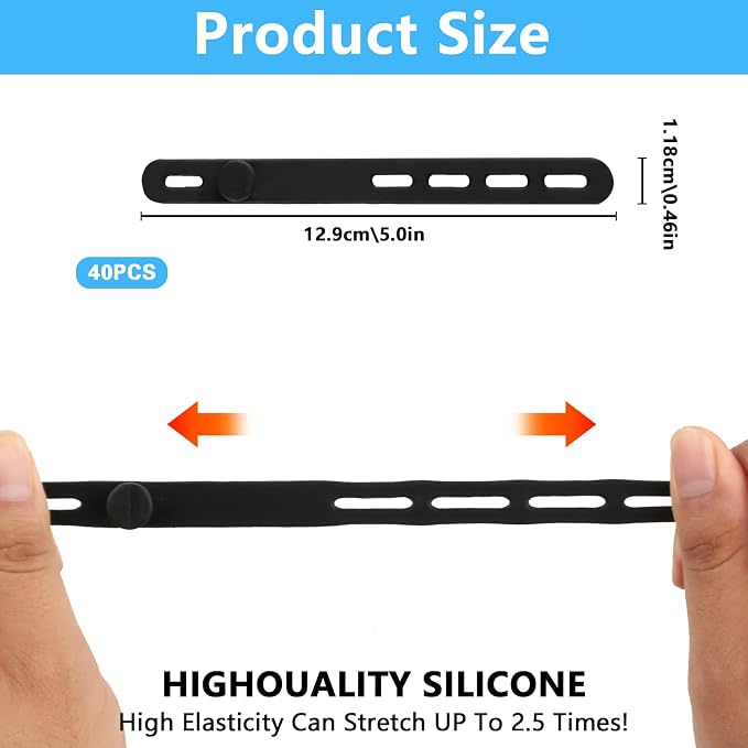 40 Pcs Black Silicone Cable Ties, Reusable Cable Straps Wire Organizer. | Cable Management Cord Organizer for Fastening Earphone Phone Charger Home Office Desk Kitchen Appliances Cable Cords Wires