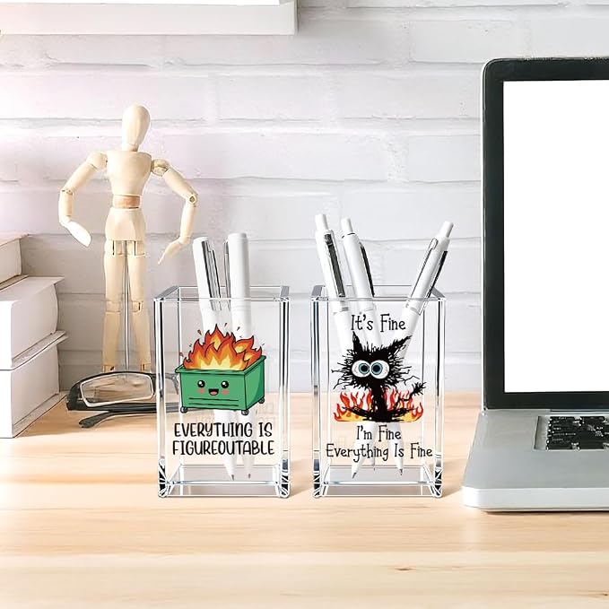 Funny Black Cat 2 Pack Acrylic Cosmetic Pencil Pen Holder Cup, Emotional Dumpster Fire Pencil Pen Holder Cup, Cat Lover Gift for Women, Office Sarcastic Gifts for Women Men Colleague
