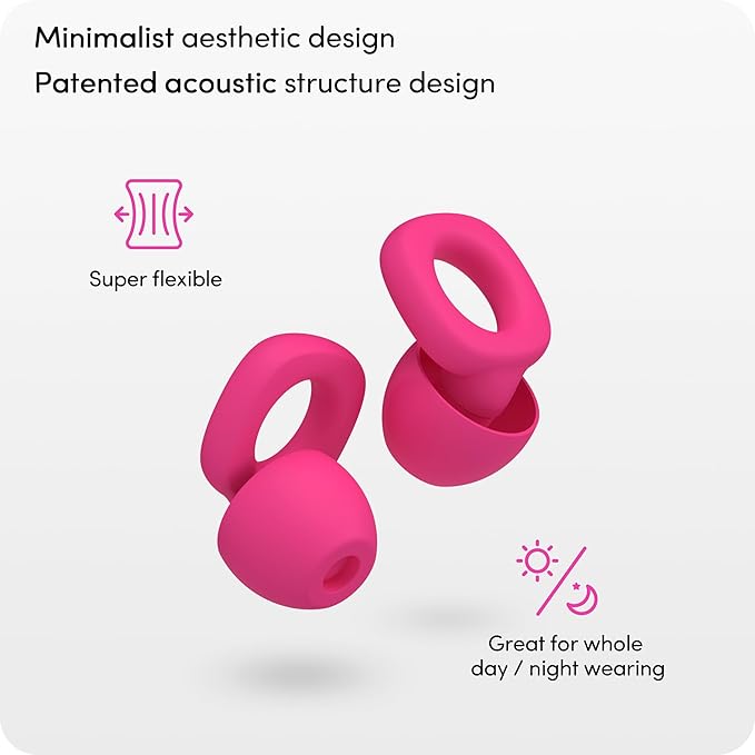 Audree Soft Ear Plugs for Noise Reduction, Reusable Flexible Earplugs for Sleep, Travelling, Focus, Study & Noise Sensitivity, 28dB Noise Cancelling, 8 Silicone Ear Tips in XS/S/M/L, Rose