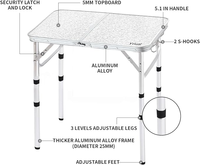 Yriuat Folding Camping Table 2ft Portable Picnic Table Adjustable Height Small Card Table Aluminum Foldable Lightweight with Carry Handle for Outdoor Indoor Hiking Camp BBQ Beach