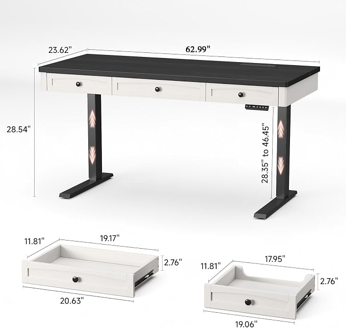 55 x 24 Inch Standing Desk with 3 Drawers,Electric Height Adjustable Desk | Sit to Stand up Desk with Storage & Outlets, for Computer Workstation, Home Office, Retro Curved Table Corner, Black
