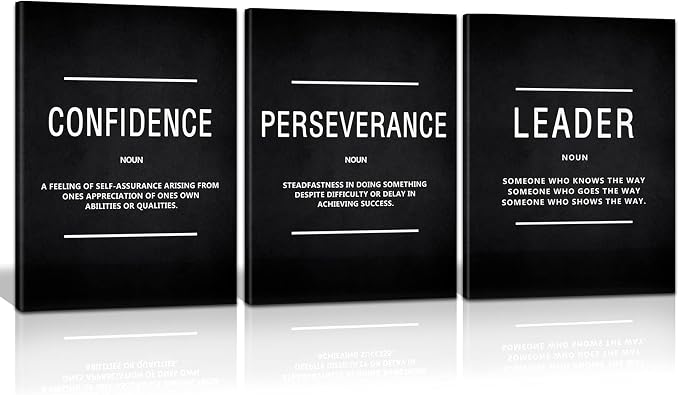 KAWAHONE Motivation Wall Poster Framed, Inspirational Leader Confidence Perseverance Quotes Canvas Wall Art Positive Picture Background Success Wall Hanging for Home Office Workplace 12" Wx16 Hx3Pcs