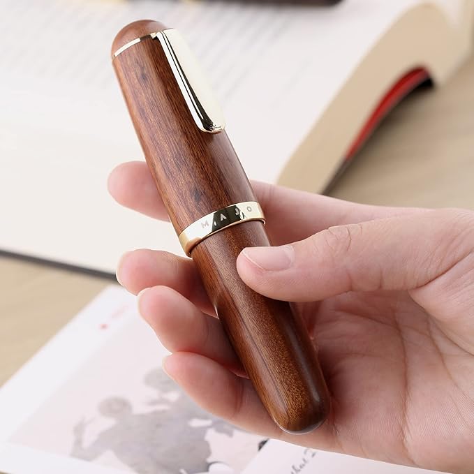 Majohn Q1 Fountain Pen Medium Nib Brown Wood, Little Fat Man Eyedropper Filling Pocket Pen Large Capacity