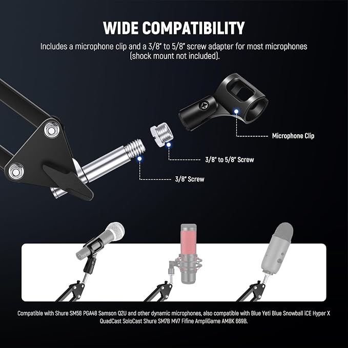 NEEWER Microphone Arm Stand, Suspension Scissor Boom Mic Arm Desk Mount with Clip & 3/8" to 5/8" Adapter Compatible with Blue Yeti Snowball HyperX QuadCast SoloCast Shure, Max Load 3.3 lbs, MS006