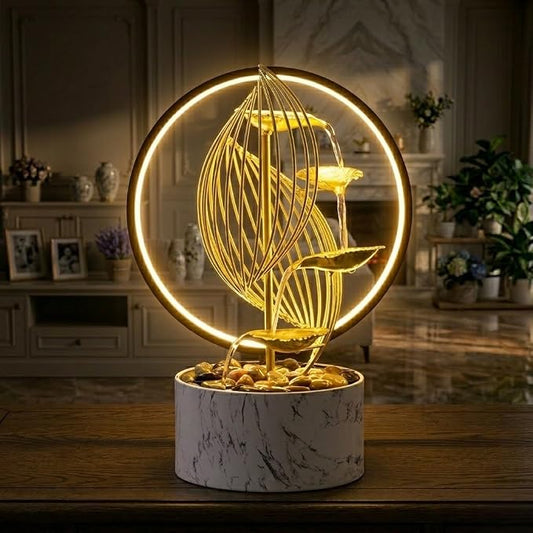 15'' H Large Golden Tabletop Water Fountain with Led Light for Indoor Meditation Yoga Spa Room Decor