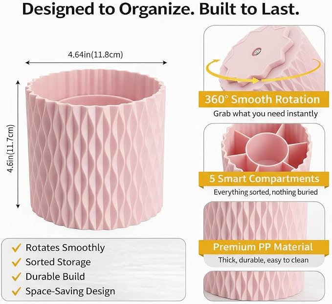 Pink Pen Holder for Desk, 360° Rotating Pencil Organizer, 5 Slots | Spinning multi-use organizer holds pens, makeup brushes, art supplies & markers — desk caddy for office, classroom or vanity