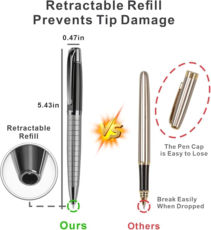 Cambond Ballpoint Pens Black Ink - Weighted Metal Twist Silver Pens for Police Uniform Flight Attendant Business, 1.0 mm Medium Point Smooth Writing, 3 Pens with 6 Refills (Sliver with Black)