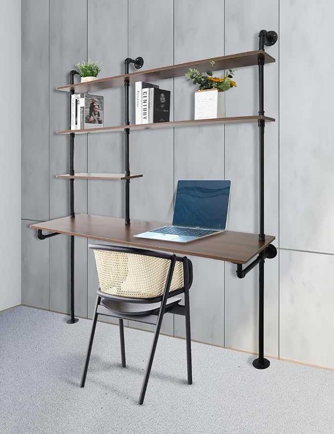 Industrial Pipe Computer Desk with Shelves,Wall Mounted Laptop Desks for Small Spaces,59 inch Bookshelf Narrow Writing Desk with Floating Shelves