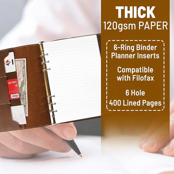 Wanderings A5 6-Ring Binder Planner Inserts - 8.3 x 5.6" - Thick Cream Color Lined 120 GSM Loose Leaf A5 Paper Refills Compatible with Filofax 6 Hole 200 Sheets 400 Lined Pages