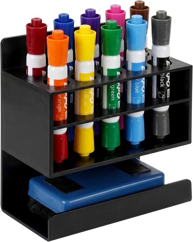 MyGift Dry Erase Marker Holder 10 Slots Whiteboard Marker Holder for Wall Dry Erase Eraser Holder Wall Mount Black
