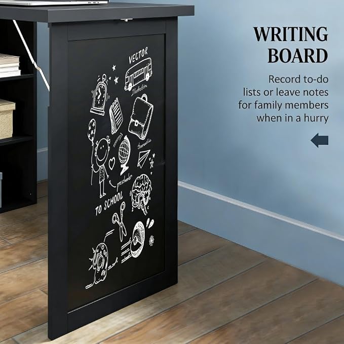 Folding Wall Mounted Desk with Storage, Expandable Hidden Computer Desk, Foldable Space-Saving Pull Out Murphy Table, Writing Table with Blackboard for Home Office Bedroom Small Spaces (Black)